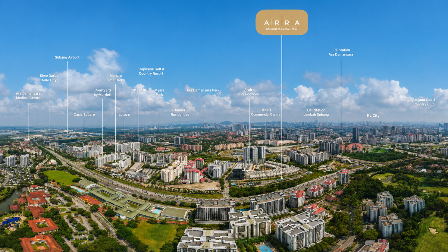 Aerial panorama showing ARRA Residences and landmarks around Ara Damansara